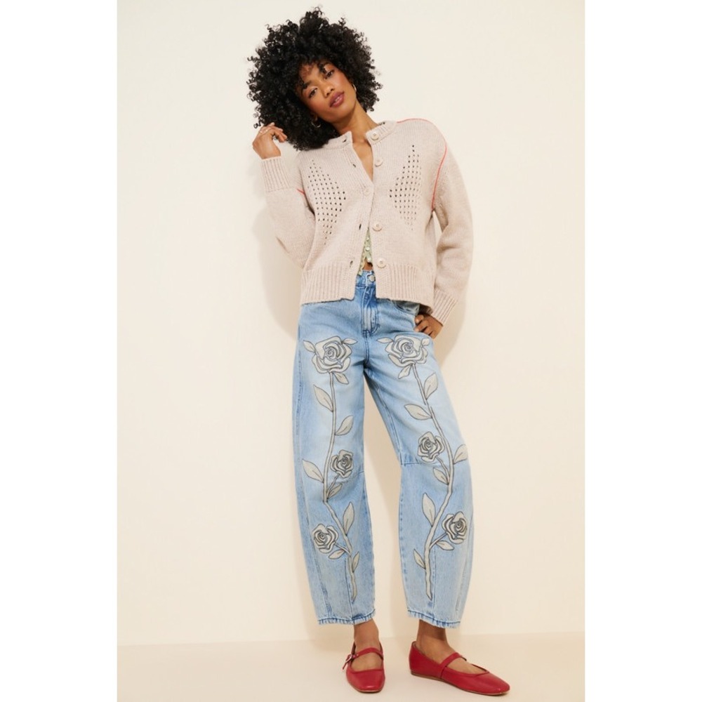 BLANKNYC Embroidered Rose Barrel Leg Jeans Light Wash High Rise 27